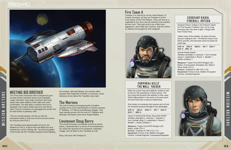 A detailed character sheet features two members of Fire Team A from the tabletop RPG 2300AD. On the left, an illustration of Sergeant Raoul "Fireball" Ortega shows a muscular man in a futuristic combat suit, with a serious expression and a Puerto Rican flag on his shoulder. On the right, Corporal Kelly "The Wall" Yaeger is depicted with a determined look, wearing a similar suit, and has a blue insignia on his shoulder. Below their images, their attributes, skills, and equipment are listed, highlighting their roles in the interstellar conflict against the Kaefers.