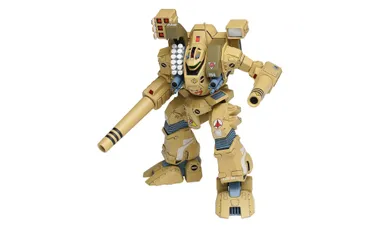A 1/100 scale model kit of the Tomahawk mech, featuring a tan and beige color scheme with blue and red accents. The mech is posed dynamically, showcasing its bipedal stance, large arm-mounted cannon, and missile pods on its shoulder. Various decals are visible on the body, including a prominent emblem and the number "194."
