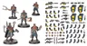 A detailed assortment of miniature components for tabletop gaming, featuring various weapons, arms, and heads designed for use in the Necromunda setting. The items include rifles, pistols, grenades, and melee weapons, alongside mechanical parts and accessories. The color scheme predominantly features black with yellow and green accents, showcasing a mix of futuristic and industrial designs suitable for character customization.