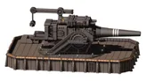 A large, detailed artillery piece is mounted on a flat, rectangular platform with a textured surface. The cannon features a prominent barrel with black and white stripes, a complex mechanical structure, and a staircase leading up to it. The platform is designed with industrial elements, including various panels and lights, emphasizing a grimdark aesthetic suitable for a sci-fi tabletop setting.