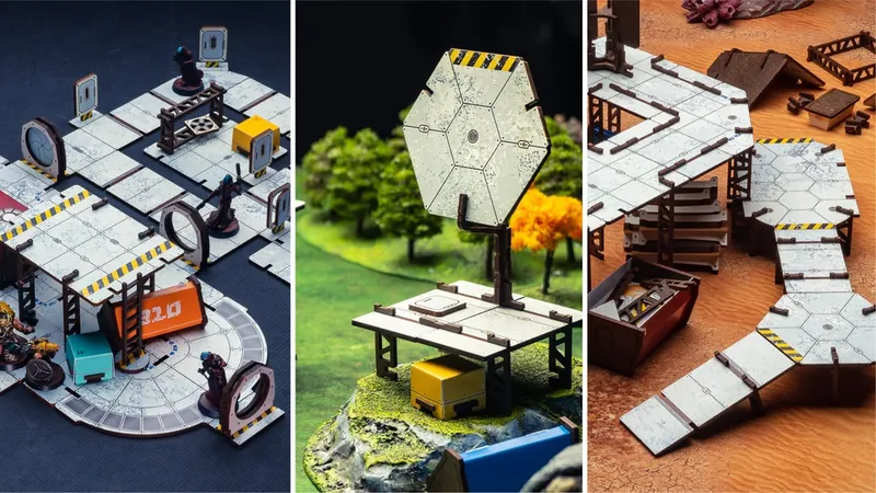 Miniatures on sci-fi and fantasy terrain with hexagonal satellite dish, trees, and wooden structures.