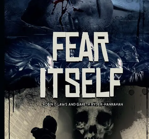 Dark, shadowy figure in hooded coat stands near a cracked wall. A skull with glowing eyes looms in the background. Text reads: "FEAR ITSELF" in bold white letters, with smaller text below: "ROBIN D LAWS AND GARETH RYDER-HANRAHAN." Scattered bats fly around.