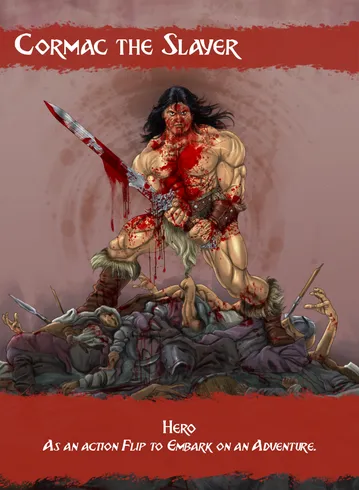 The image features a muscular barbarian character named Cormac the Slayer, standing triumphantly over a pile of defeated foes. He wields a large, bloodied sword, and his body is splattered with red, suggesting a recent battle. Cormac has long, dark hair and a fierce expression, embodying a classic fantasy warrior aesthetic. The background is a muted gradient, enhancing the focus on the character, while the title "Cormac the Slayer" is prominently displayed at the top in bold, stylized lettering. The overall artwork pays homage to the golden age of fantasy illustration, capturing a sense of violence and heroism.