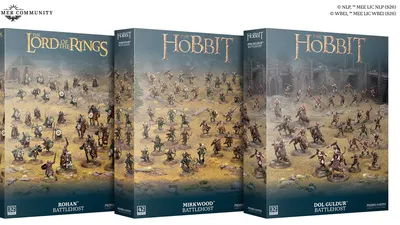 Two boxes labeled "Mirkwood Battlehost" and "Dol Guldur Battlehost" with miniature figures and "The Hobbit" text.