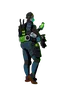 Animated character in futuristic tactical armor with glowing green accents, holding a large gun. Visible faceplate is blue with glowing eyes, helmet has a visor. Armor features a circular emblem on chest. Dark background.