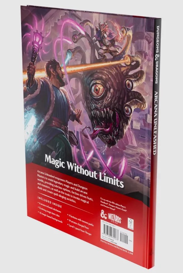 Book cover for "Arcana Unleashed" featuring a bearded man in a blue tunic and fur-lined cloak holding a glowing sword, facing a large mechanical creature with a single red eye and multiple tentacles. The background shows a dark, arcane setting with purple energy beams. The title "Magic Without Limits" is prominently displayed in white text on a red banner. The spine reads "Dungeons & Dragons Arcana Unleashed." The bottom section includes descriptive text and a list of contents, along with the Wizards of the Coast logo.