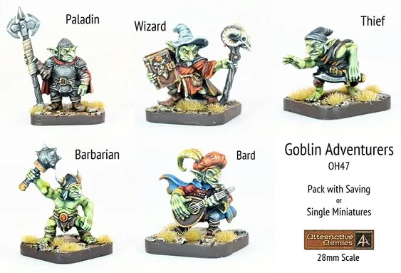 A collection of five 28mm scale goblin miniatures, each representing a different adventurer class: a Paladin, Wizard, Thief, Barbarian, and Bard. The Paladin stands confidently with an axe, while the Wizard holds a spellbook and staff. The Thief is depicted sneaking with a dagger, the Barbarian wields a large mace, and the Bard strums a lute, all set on bases adorned with tufts of grass. The text 