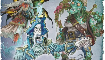 A vibrant illustration features four undead pirate characters. On the left, a faerie pirate with large, dark wings and flowing hair is depicted, wearing a tattered dress. In the center, an undead pirate captain in a blue coat and tricorn hat, with a skeletal face and a long beard, gestures dramatically. To the right, a green-skinned pirate with a patchy outfit and various sea creatures adorning her body holds a weapon, while a crab-like creature with a pirate hat and bulging eyes sits in the foreground, showcasing a treasure-laden shell. The background has a textured, oceanic theme, enhancing the eerie atmosphere.
