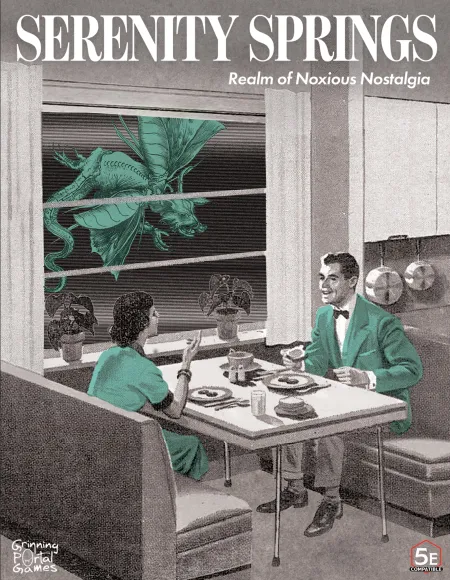 A 1950s couple dining at a table with a large insect outside the window.