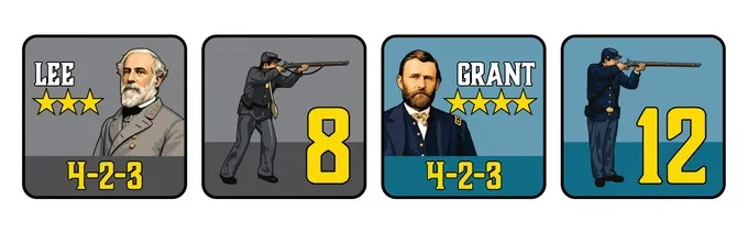 Two cards: one with a soldier aiming a rifle and number 8, another with a man in uniform and "GRANT" and stars.