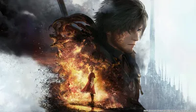 The cover art fo FF XVI showing Clive as the large character in the background and his brother, Joshua in the centre highlighted by fire behind him