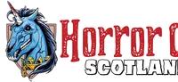 A stylized logo features a blue unicorn with a fierce expression, showcasing sharp teeth and a prominent horn. The unicorn is adorned with a golden collar and is set against a shield-like background. The text "Horror Scotland" is prominently displayed in bold, red letters, with a distressed texture, emphasizing the event's horror theme.