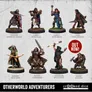 A collection of eight detailed miniatures representing classic fantasy adventurers is displayed. The characters include a Fighter wielding a spear or sword, two Clerics (one with a flail and another with a mace), a Thief with twin daggers, a Ranger with a bow, a Raging Barbarian, a Sorcerer holding a staff, and a Dwarf Fighter. The text "OUT NOW!" is prominently featured in a red circle, highlighting the new releases from Crooked Dice.