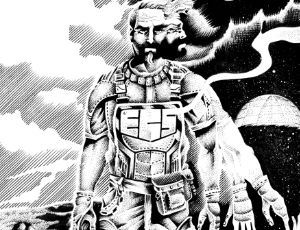 A rugged space explorer stands prominently in the foreground, wearing a detailed, futuristic suit adorned with various gadgets and tools. His expression is serious, and he holds a device in one hand, while the other reaches toward a ghostly, skeletal hand emerging from the ground. The background features a stark contrast of dark and light, with swirling clouds and a distant planet, creating an eerie atmosphere that complements the themes of horror and existential dread.