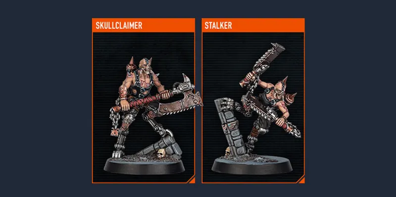 The image features two miniatures from the upcoming Kill Team expansion, Blood and Zeal. On the left is the Skullclaimer, a muscular figure wielding a large, jagged weapon, adorned with spikes and skull motifs, showcasing a fierce expression. On the right is the Stalker, posed dynamically with a weapon raised, standing on a rocky base, emphasizing agility and readiness for battle. Both miniatures exhibit intricate details and a gritty aesthetic typical of the Goremongers faction.