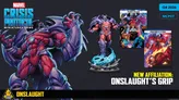 A muscular character figure stands prominently, featuring a purple and red color scheme with a menacing expression and elaborate armor, positioned on a base that resembles shattered stone and ice. To the right, two character cards are displayed: one titled "Traitor to the Cause" and the other "Stolen Power of Cytorrak," both showcasing vibrant artwork of various Marvel characters. The text "NEW AFFILIATION: ONSLAUGHT'S GRIP" is highlighted, indicating a new gameplay element for the Marvel: Crisis Protocol Miniatures Game.