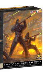 A box for the "Star Wars: Legion" game features a dynamic illustration of Kashyyyk Wookiee warriors in action, with two prominent Wookiees wielding blasters amidst a fiery backdrop. The left side of the box displays three detailed miniatures of Wookiee warriors, showcasing their distinctive fur and weaponry. The title "Kashyyyk Wookiee Warriors" is prominently displayed at the bottom, along with the game's branding and logos.