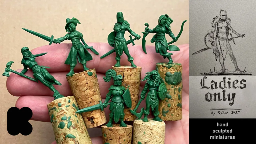 A hand holding several green, unpainted miniatures stands atop cork bases, showcasing a variety of female fantasy characters, including warriors and rogues. Each figure is intricately detailed, with distinct poses and weapons, such as swords and bows. To the right, a sketch of a female warrior is displayed, accompanied by the text "Ladies Only" and "hand sculpted miniatures" at the bottom.