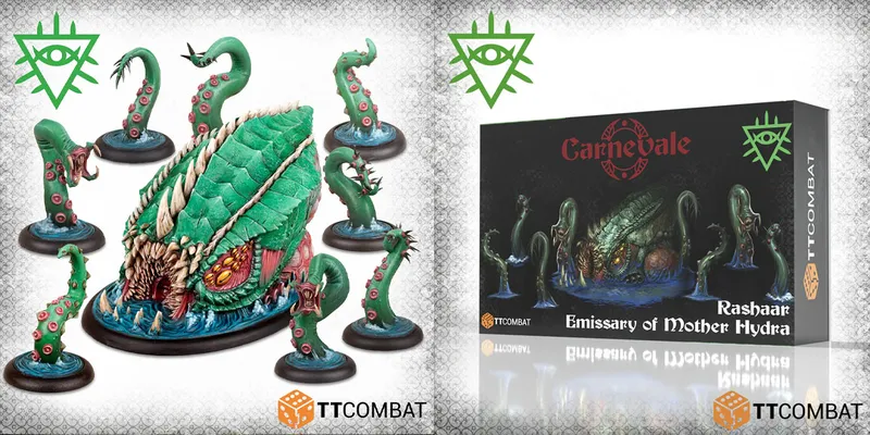 A large, squid-like miniature, the Emissary of Mother Hydra, dominates the left side of the image, featuring a textured green body and multiple tentacles with pink suckers. Surrounding it are smaller tentacles, each with a glossy finish, set on round bases. On the right, the packaging for the miniature displays the title "Carnevale" and the name "Rashaar, Emissary of Mother Hydra," along with dark, ominous artwork depicting the creature in a murky underwater scene.