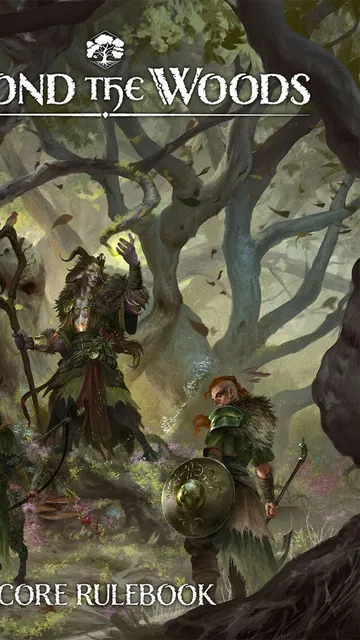 "Beyond the Woods" text above a forest scene with three figures: one with antlers, one with a staff, one with a shield.