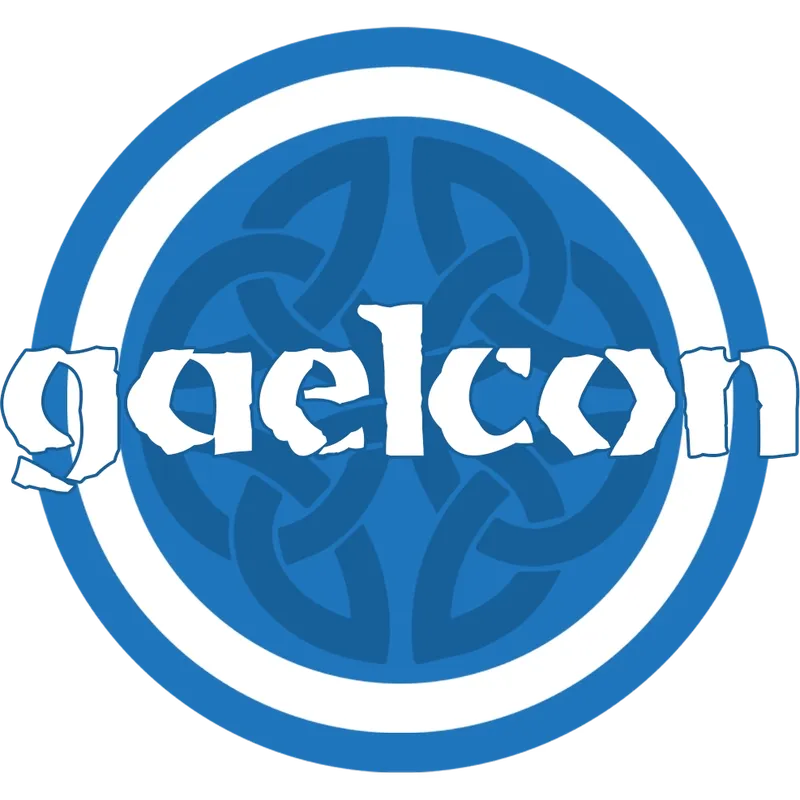 A circular logo featuring a blue background with a white outer ring. In the center, a stylized knot pattern is visible, symbolizing Celtic design. The word "gaelcon" is prominently displayed in white, with a slightly distressed font, emphasizing the convention's name.