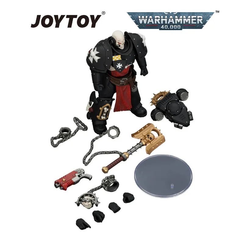 Armored figure in black and red with helmet, hammer, shield, and accessories. Text: JOYTOY WARHAMMER 40,000