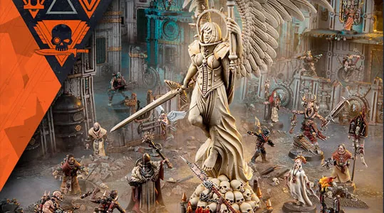 The image features a striking centerpiece statue of a winged figure, wielding a sword and adorned in ornate armor, surrounded by various miniatures representing the new Kill Team expansion. In the foreground, a group of ecclesiarchal militiamen, known as Sanctifiers, can be seen, including a Confessor and a small cherub, while in the background, the ferocious Goremongers, led by a Blood Herald, are positioned menacingly. The setting is richly detailed, with a backdrop of industrial ruins, enhancing the dramatic atmosphere of the scene.