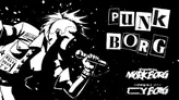 Cartoon character with spiky hair holding a microphone, wearing a leather jacket and wristbands, standing on a rooftop with a starry night sky. Text reads "PUNK BORG" in bold letters.