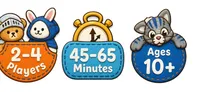 Blue banner with clock icon and text "45-65 Minutes" between two cartoon bunnies in orange and blue.