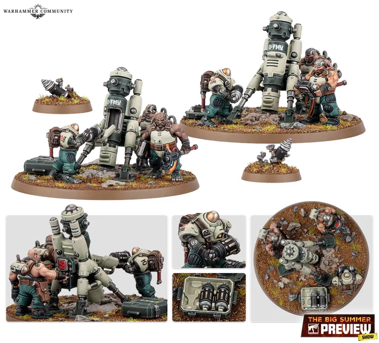 A group of miniatures from the Leagues of Votann is depicted, featuring a mix of humanoid figures and robotic elements. In the center, a large, cylindrical robot stands alongside smaller, stocky figures with mechanical arms, engaged in what appears to be maintenance or operation of equipment. The scene is set on a textured base with rocks and tufts of grass, enhancing the sci-fi aesthetic of the models. Various components, including a small drill and a crate, are also visible, adding to the detail of the display.