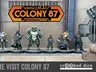 A lineup of six detailed miniatures from the game "Colony 87," set against a backdrop of industrial-style walls. The figures include anthropomorphic animals and a humanoid character, each dressed in unique outfits and holding various weapons. The title "COLONY 87" is prominently displayed at the top, with the logo of "crooked dice" at the bottom, indicating the game's design studio.