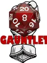 A red twenty-sided die (d20) is prominently held in a fist, symbolizing gaming and adventure. Below the die, the word "GAUNTLET" is displayed in bold red letters. The background features a stylized illustration of a hand wearing a sleeve, emphasizing the theme of tabletop gaming.