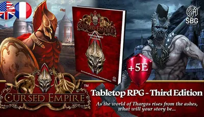 A promotional image for the Cursed Empire RPG features a striking design with a red and gold color scheme. In the foreground, a detailed book cover for "Cursed Empire - Third Edition" is prominently displayed, alongside a shield icon indicating compatibility with 5E systems. Flanking the book are two characters: a heavily armored warrior on the left and a menacing creature on the right, both set against a backdrop of medieval towers and a dark, atmospheric sky.