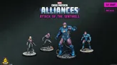 Four F.A.S.T. miniatures from the Marvel: Crisis Protocol Alliances game titled "Attack of the Sentinels" are displayed against a dark background. The miniatures include a large, armored Sentinel in blue and purple, with a glowing orange core, alongside three smaller figures: a female character in a black outfit with a purple accent, and two male characters in purple and blue suits. Each miniature is mounted on a circular base, showcasing intricate details and dynamic poses. The title "ALLIANCES" is prominently featured at the top, with "Attack of the Sentinels" below it.
