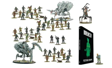 A collection of miniatures from Warlord Games' Konflikt ’47 is displayed, featuring various figures including soldiers, zombies, and mechanical creatures. Prominently featured is the book titled "Konflikt ’47: Festung Europa," which showcases a green silhouette on its cover. Among the miniatures, a notable figure in powered armor and a mechanical creature stand out, highlighting the game's unique blend of historical and fantastical elements.