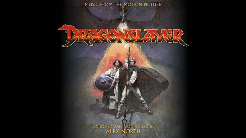 Dragonslayer album cover with two men, shield, spear, dragon, and text "MUSIC FROM THE MOTION PICTURE Dragonslayer COMPOSED AND CONDUCTED BY ALEX NORTH"