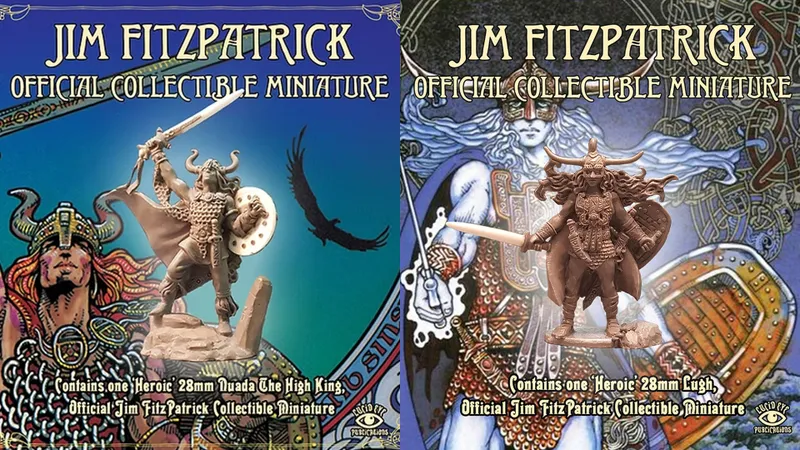 Two collectible miniatures are displayed side by side, each featuring distinct artwork and design. On the left, a sculpted figure of Nuada the High King stands prominently, showcasing intricate details and a shield, set against a vibrant blue background with Celtic motifs. On the right, another miniature is depicted, featuring a warrior with a sword, surrounded by rich colors and patterns that reflect Jim Fitzpatrick's artistic style, with text indicating it contains one hero from the official collection.