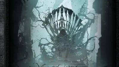 Dark throne of thorns with shadowy figures below. Text: "The Throne of Thorns III THE HAUNTED WASTE | DAVOKAR AWAKENS"