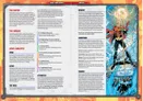 A colorful two-page spread features the title "Justice League Unlimited" prominently at the top, with a dynamic comic-style illustration of various superheroes in action, including iconic characters like Superman and Batman. The left page outlines key concepts of the game, such as "The Editor," "The Heroes," and "Core Concepts," with bullet points detailing gameplay mechanics and character attributes. The right page includes sections on "Resolve," "Conditions," and "Powers," providing a quick reference for players, all set against a vibrant background that enhances the superhero theme.