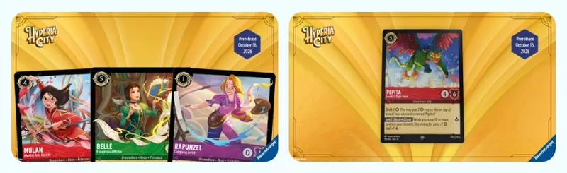 Three Disney Lorcana TCG cards: Belle, Rapunzel, and another character.