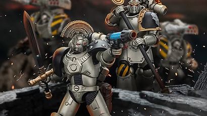 A squad of Iron Warriors action figures is prominently displayed, showcasing their detailed designs and articulation. The foreground features a Sergeant wielding a power sword and a plasma pistol, while a command squad member stands behind, holding a staff. The figures are set against a dramatic backdrop, enhancing their imposing presence with hints of smoke and debris.