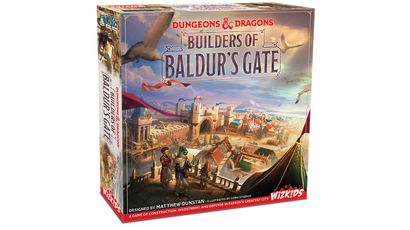A colorful game box for "Builders of Baldur's Gate," featuring the title prominently at the top along with the "Dungeons & Dragons" logo. The artwork depicts a vibrant cityscape of Baldur's Gate, showcasing various buildings, towers, and characters, including a humanoid figure in a green outfit and others engaged in activities. The box also includes the designer's name, Matthew Dunstan, and the publisher's logo, WizKids, at the bottom.