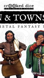 Five fantasy miniatures are displayed, showcasing a diverse group of tavern patrons and townsfolk. From left to right, there is a grinning old man with a cane, a stout man in a brown tunic, a woman in a green and red cloak holding a tankard, and a woman in a black dress with a playful expression. The background features the title "TAVERN & TOWNSFOLK" in bold lettering, indicating the theme of the upcoming Kickstarter campaign.