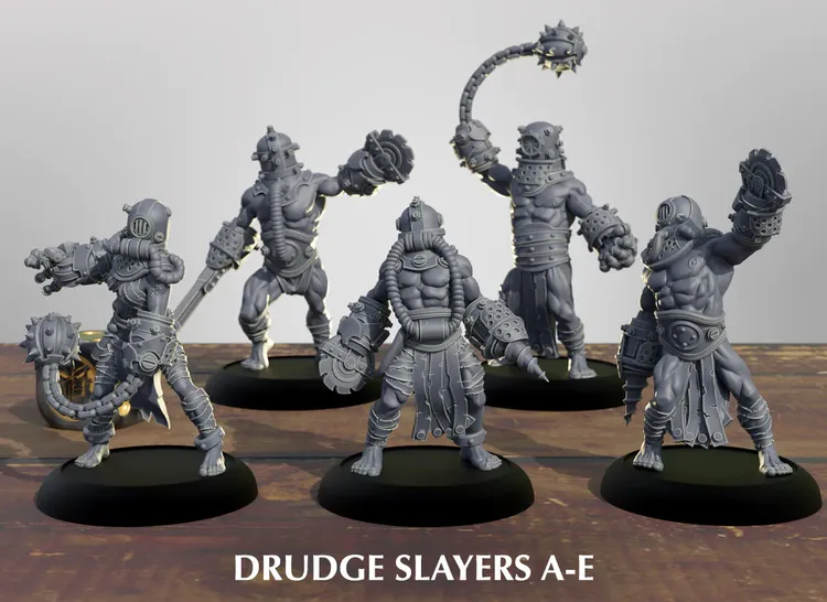 A group of five Drudge Slayer miniatures stands on circular bases, each showcasing unique designs and weaponry. The figures are muscular and armored, featuring various mechanical elements and menacing expressions. They are posed in dynamic stances, with some wielding large weapons like spiked flails and others displaying intricate details in their armor, all rendered in a gray color that highlights their features against a simple background.