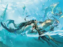 A fantasy figure with long dark hair and flowing robes rides a large, mythical sea turtle-like creature through deep blue water. Bubbles and small fish surround them. No readable text.
