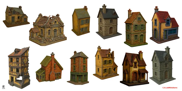 A collection of eight detailed 28mm scale miniature buildings, showcasing various architectural styles. The structures include a half-timbered house with a broken wall, a stone building with a decorative facade, and several others featuring brick and tiled roofs, some with weathered textures and signs of damage. The color palette consists of earthy tones, with shades of brown, gray, and green, enhancing the historical ambiance suitable for tabletop gaming.