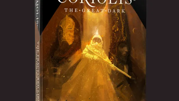 A book titled "Coriolis: The Great Dark - The Fractured Library & Other Tales From the Last Horizon" is displayed against a dark background. The cover features an ethereal illustration of a cloaked figure holding a weapon, surrounded by abstract shapes and hints of celestial elements. The title and subtitle are prominently displayed in bold, white text at the top and bottom of the cover, emphasizing the adventurous themes of the science fiction roleplaying game.