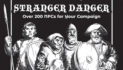 Five figures in a stylized black-and-white illustration stand together against a plain dark background. At the top, the text reads: "Over 200 NPCs for Your Campaign." Below the figures, smaller text says: "Designed for use with Shadowdark RPG."

From left to right:
1. A person with long hair, wearing a sleeveless tunic and cross-gartered leggings, holding a spear over one shoulder.
2. A person with shoulder-length hair, dressed in layered robes with fur trim, holding a staff in one hand.
3. An older person with a long beard, wearing a hooded cloak and holding a book or scroll.
4. A person in full plate armor with a closed helmet, holding a round shield with a circular emblem.
5. A person with a long beard and mustache, wearing a wide-brimmed hat, a long coat, and boots, holding a sword at their side.