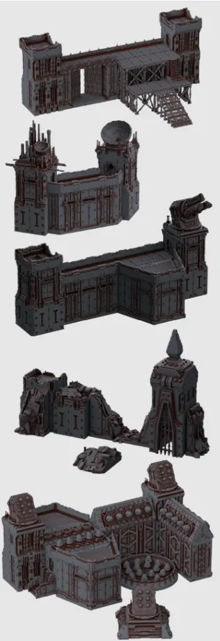 A collection of 3D printable sci-fi wargaming terrain pieces is displayed, showcasing various modular fortress components. The set includes tall walls, towers, and battle-damaged sections, all featuring intricate details and a grimdark aesthetic. Some pieces have removable rooftops and playable interiors, allowing for customizable layouts suitable for tabletop battles.