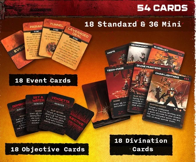 Cards spread on orange background with text "54 Cards 18 Standard & 36 Special 18 Event Cards 18 Objective Cards 18 Divination Cards"